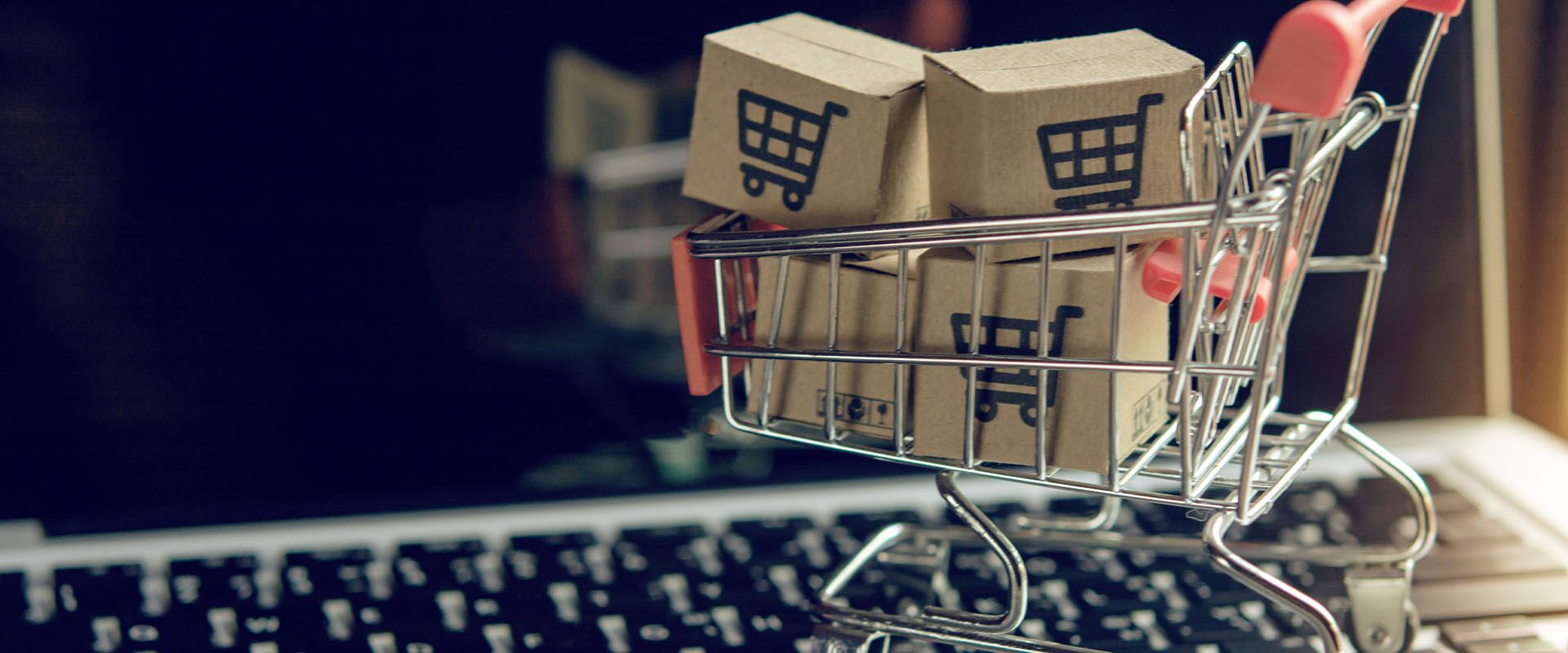 Bild mit kleinem Einkaufwagen vor Computer drauf zum Thema Onlineshopping